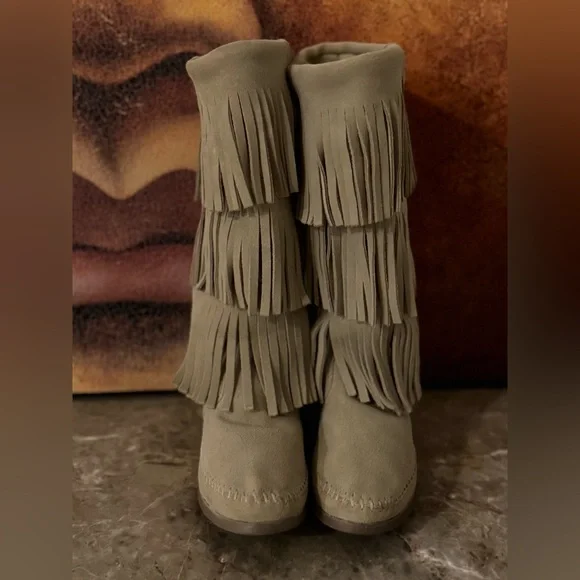 Minnetonka Over the Knee Fringe Boots - Taupe - Picture 1 of 7